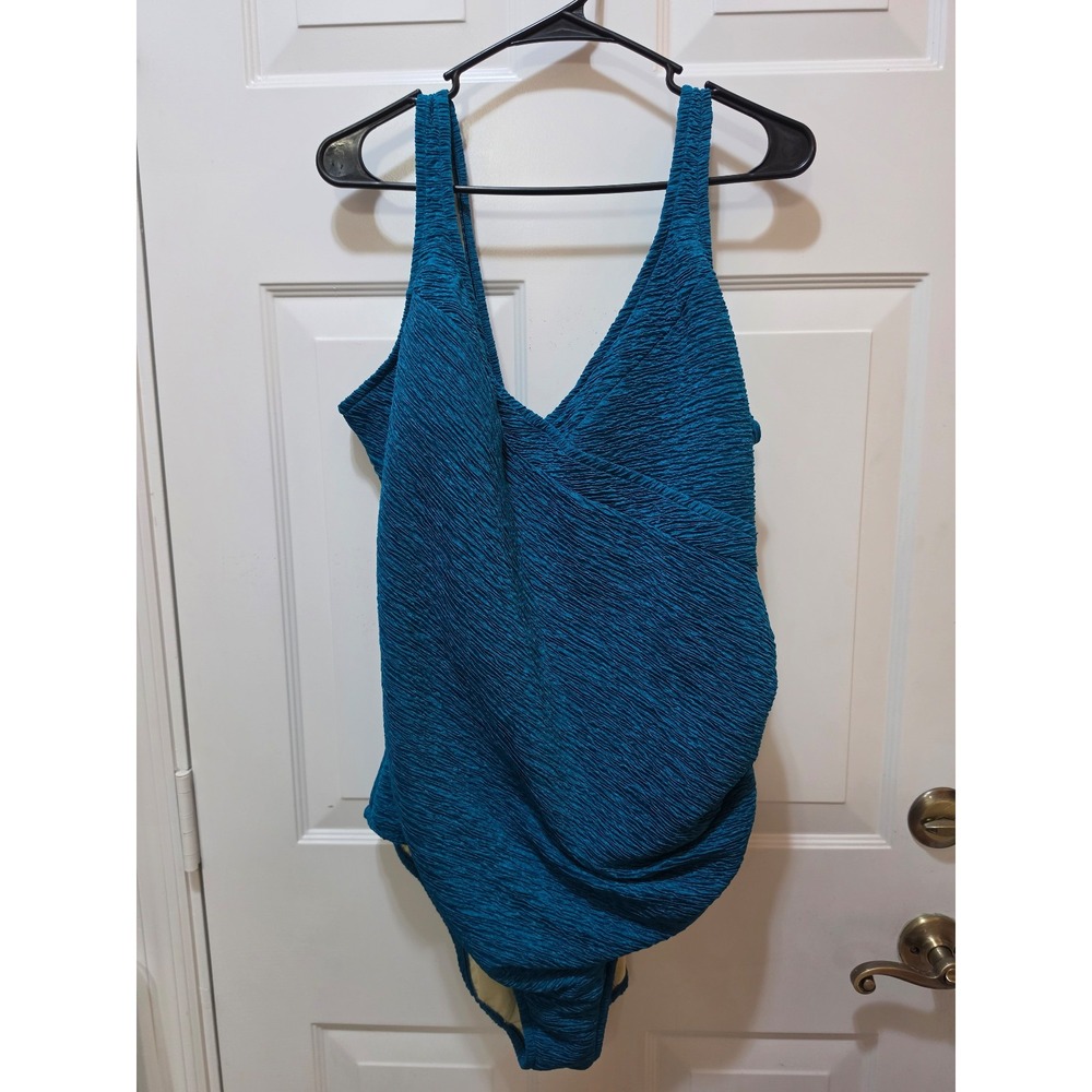 Penbrooke Krinkle Plus Size 24W One Piece Swimsuit Dark Teal Blue 70028X NWT